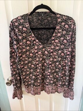 Lucky Brand Floral V-Neck Long Sleeve Top - Pink on Black
